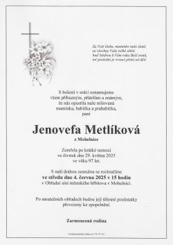 Smut. oznámení Jenovefa Metlíková