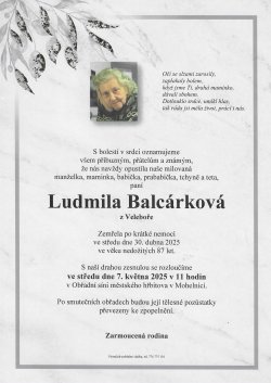 Smut. oznámení Ludmila Balcárková