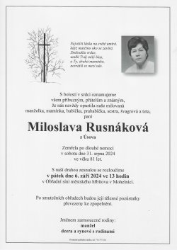 Smut. oznámení Miloslava Rusnáková