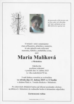 Smut. oznámení Marie Malíková