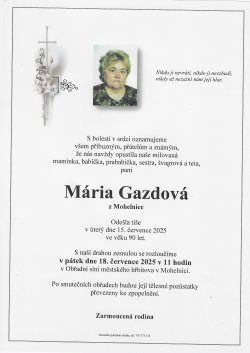 Smut. oznámení Mária Gazdová